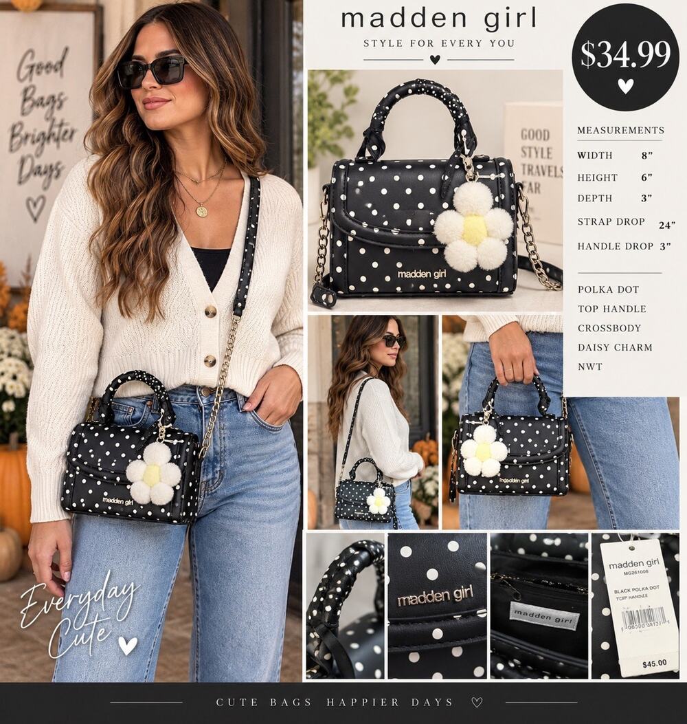 Madden Girl Black/White Polka Dot Crossbody Top Handle Chain Strap Bag Charm